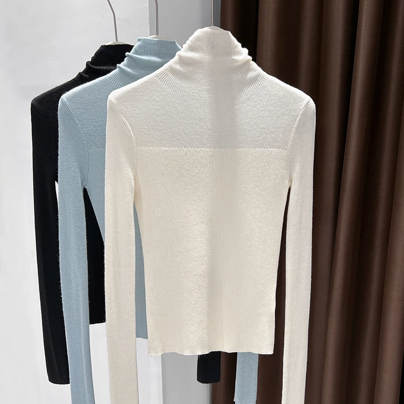 

Pile collar high collar warm knitted sweater women 2025 new tight inner wear blue slim temperament long sleeve small shirt