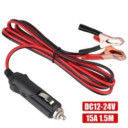 Crocodile Clip Battery Extension Cord Male Plug Adapter Power Cord Car Cigarette Lighter Socket 15A Fuse With LED Lights 12V-24V
