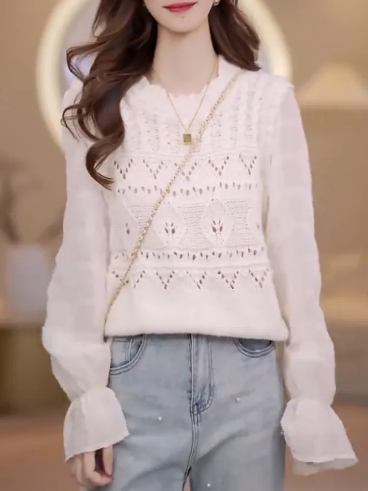 

Женская вязаная футболка с длинным рукавом и вырезами, весна 2026, повседневный стиль, с дизайнерскими вставками, дышащая, комфортная, с завышенной талией