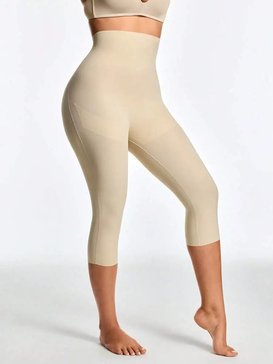 Women High Waist Solid Color Mesh Patchwork Slimming Capri Leggings