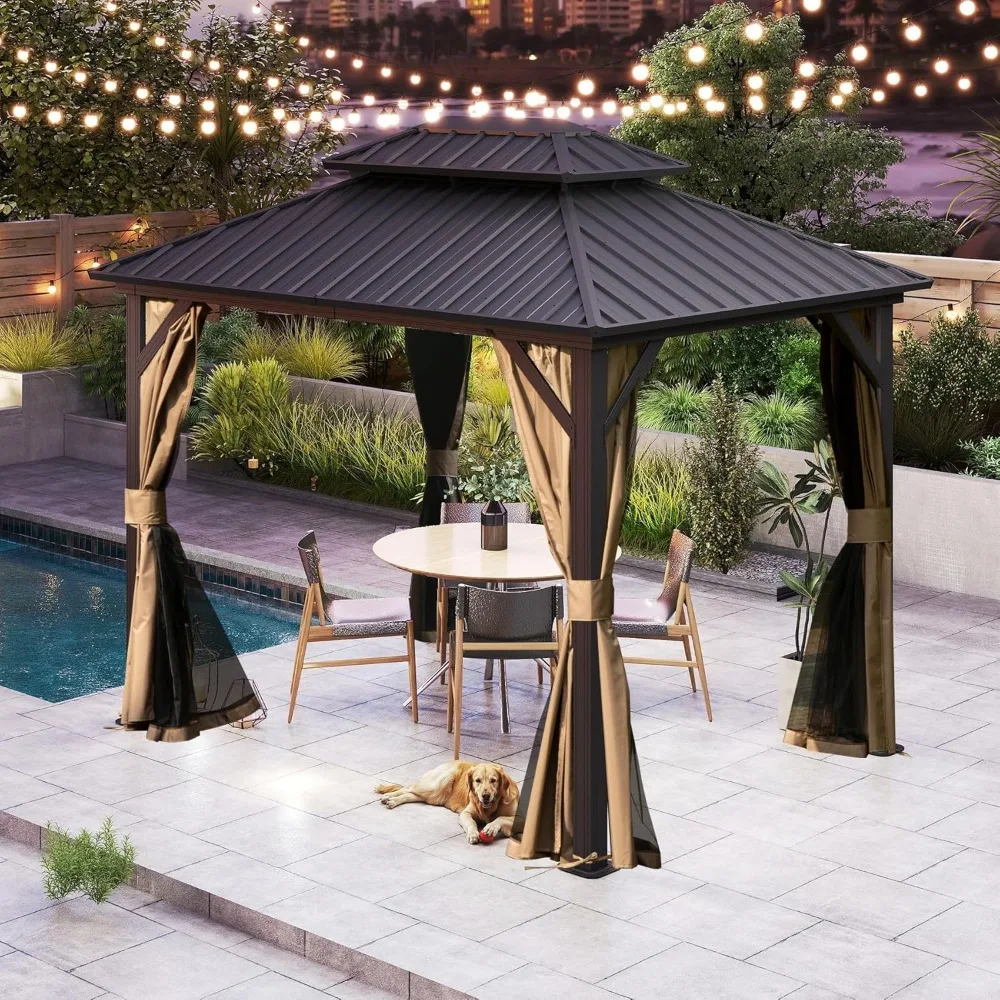 

8x10 FT Hardtop Metal Gazebo Galvanized Steel Double Roof Curtains & Netting Patio Wedding Party Outdoor Dining,Customized