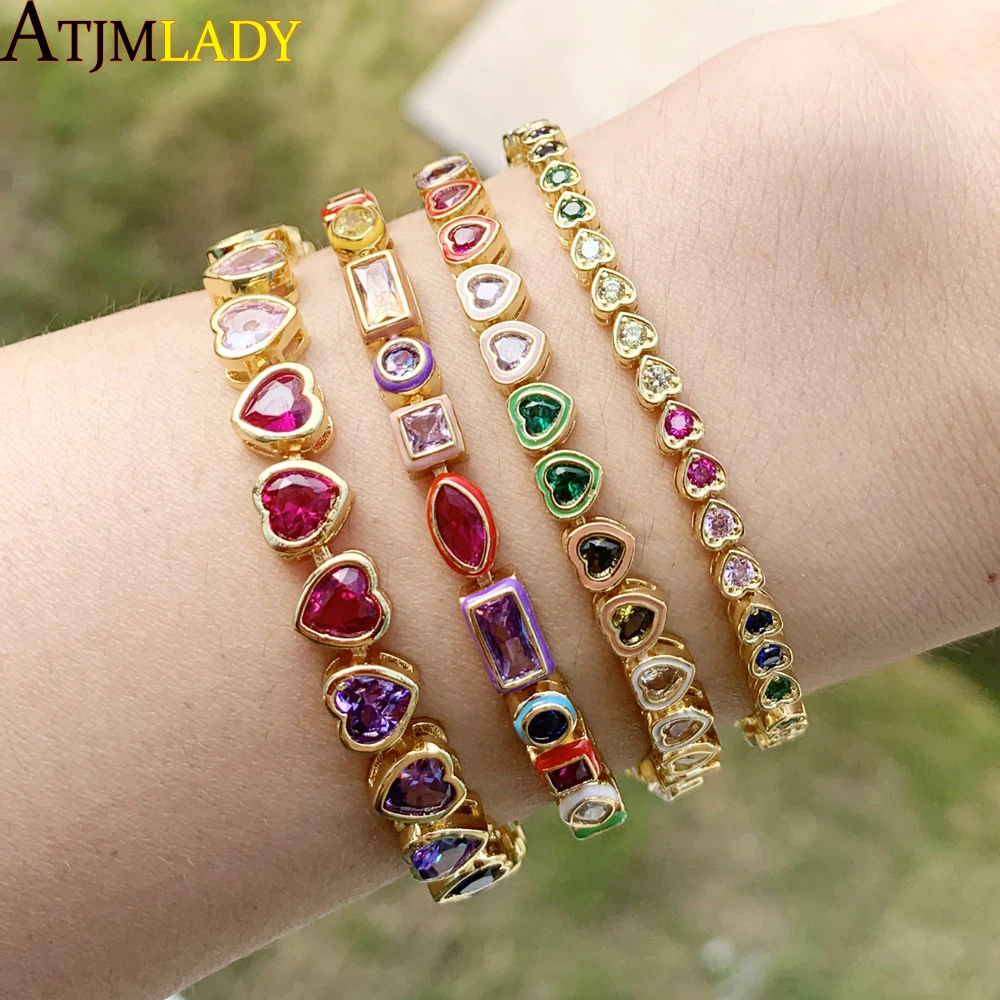 2025 New Fashion Gold Color Colorful Rainbow Bracelet 5A Cubic Zirconia CZ Enamel Geometric Tennis Chain Bangle Women Jewelry