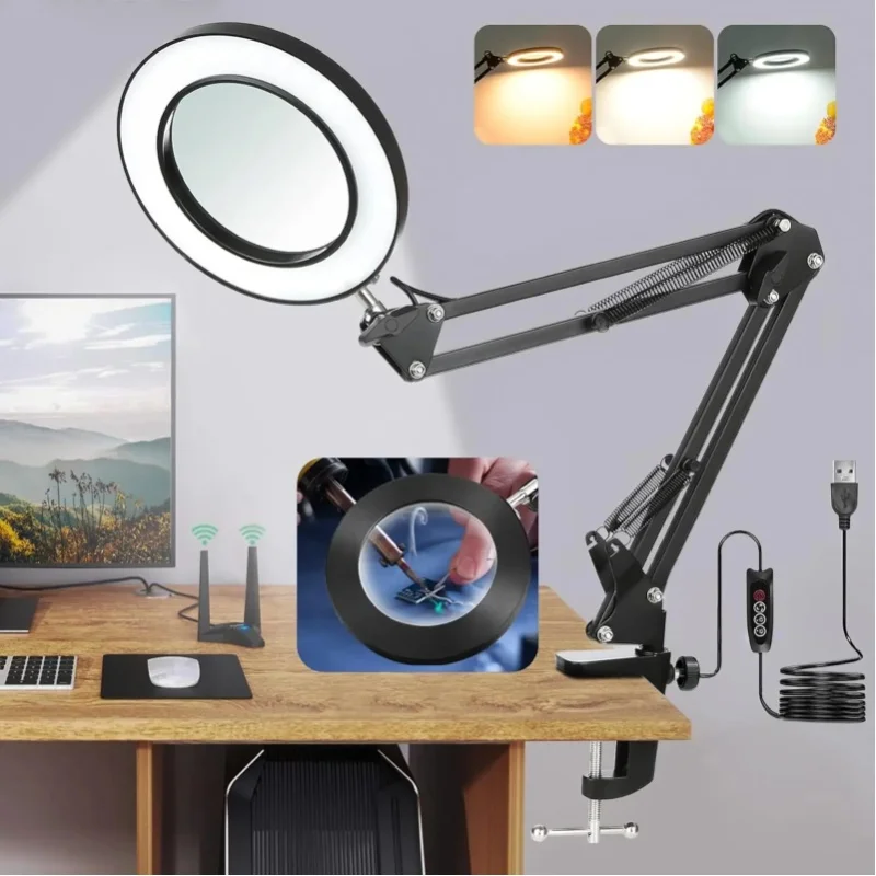 1 zestaw składanej lampy LED z długim ramieniem, lampka biurkowa do czytania i nauki, szkło powiększające z lampą LED, 3 temperatury barwowe, regulowane obrotowe ramię, do prac ręcznych, czytania i — 2