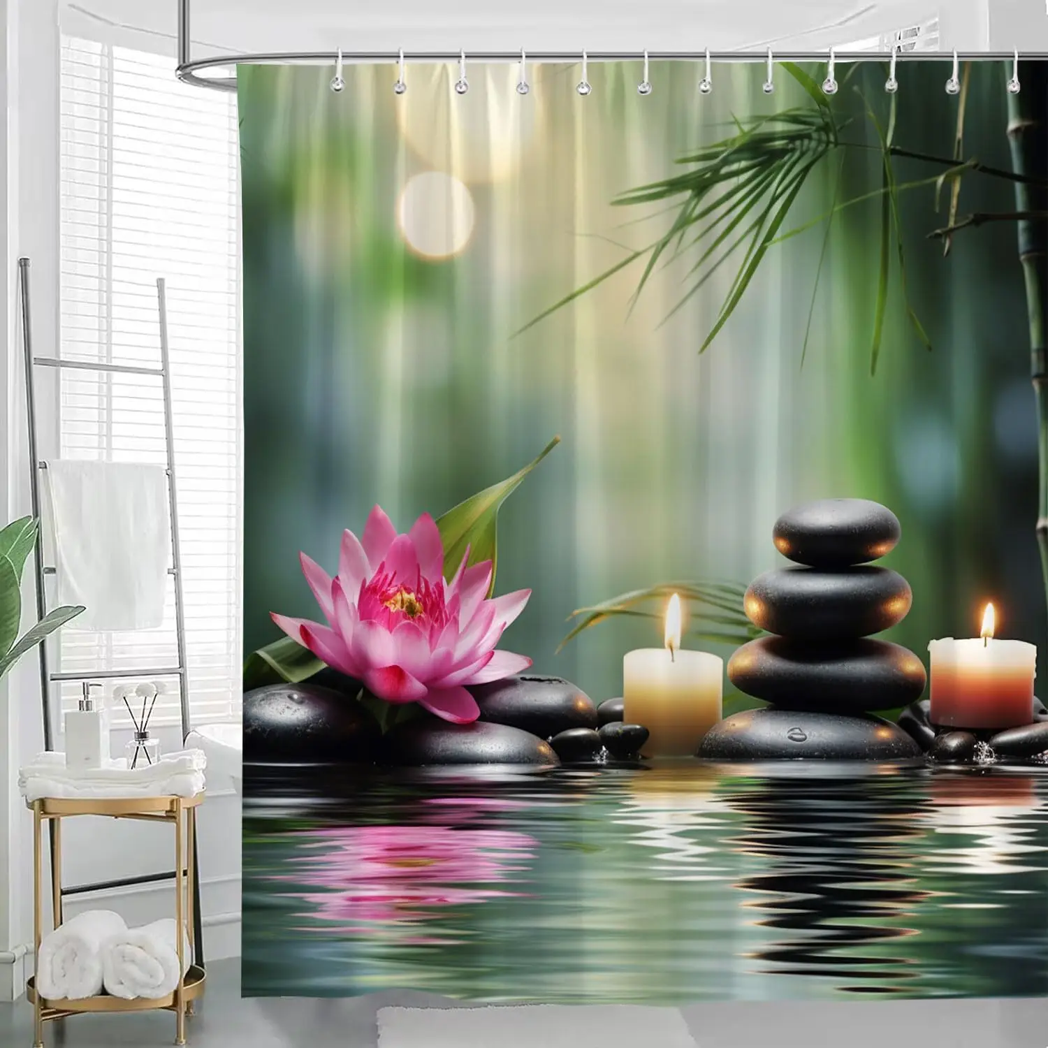 Zen Stone Spa Shower Curtain Lotus Massage Stone Triplets Herbal Oil and Scent Candles Green Bamboo Water Reflection Relaxing