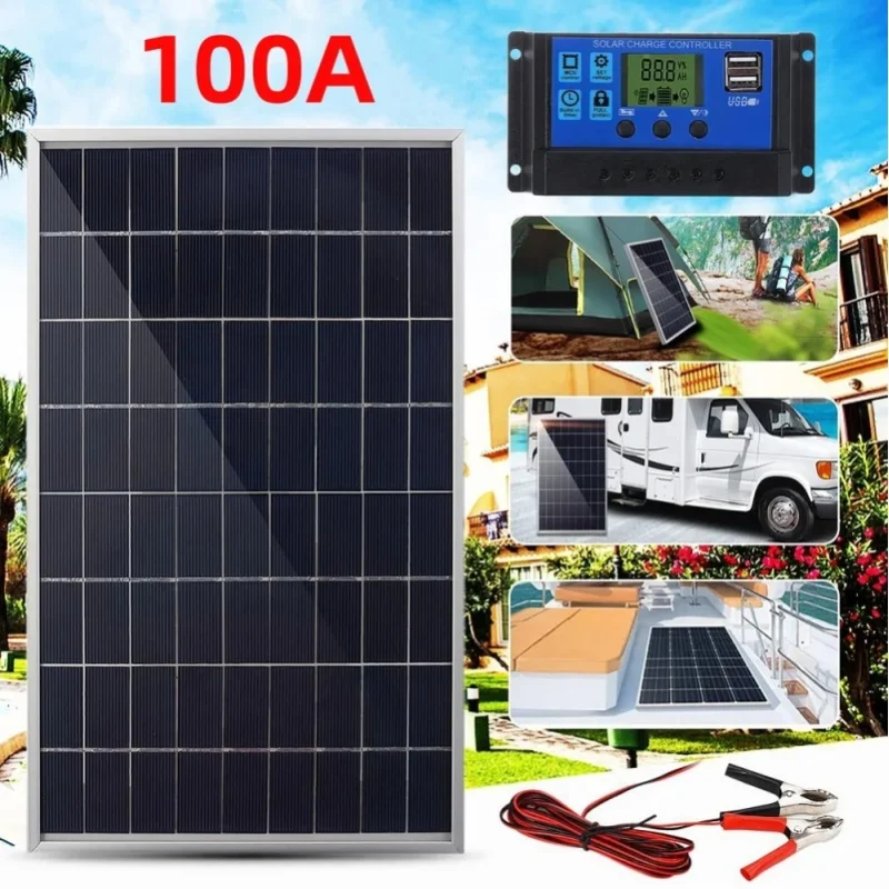 2-teiliges Solarpanel-Set mit 100-A-Controller, komplettes 12-V-Polykristallin-Solarpanel, tragbarer, wiederaufladbarer Solarzellen-Solargenerator für den Außenbereich für zu Hause