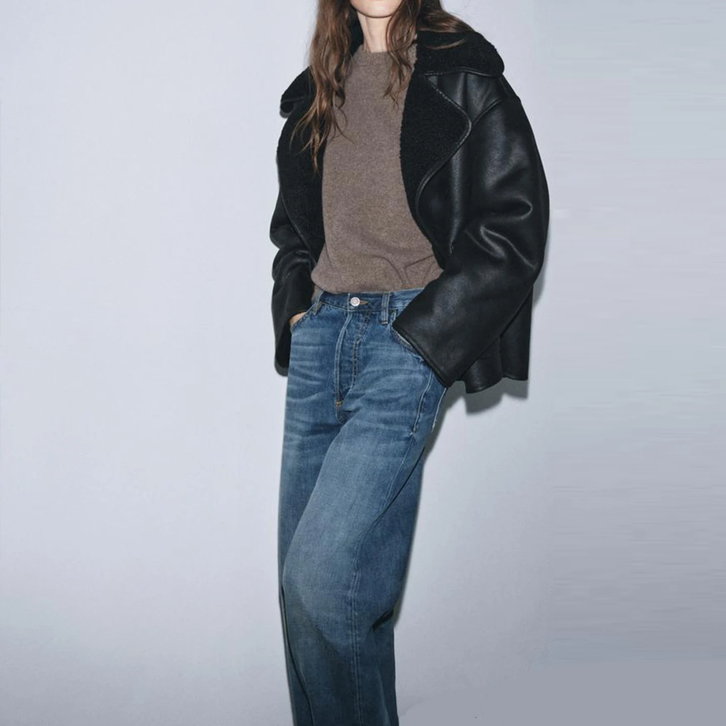 معطف نسائي كاجوال من الجلد والفرو مناسب للخريف وصل حديثًا معطف فضفاض بأزرار طويلة للسيدات #2