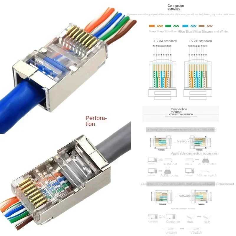 Imagem -03 - Plugue de Cabeça Modular do Cabo Ethernet Prensado a Ouro Blindado Cat6 Rj45 Perfurado Conector Rj45 8p8c 100 Peças