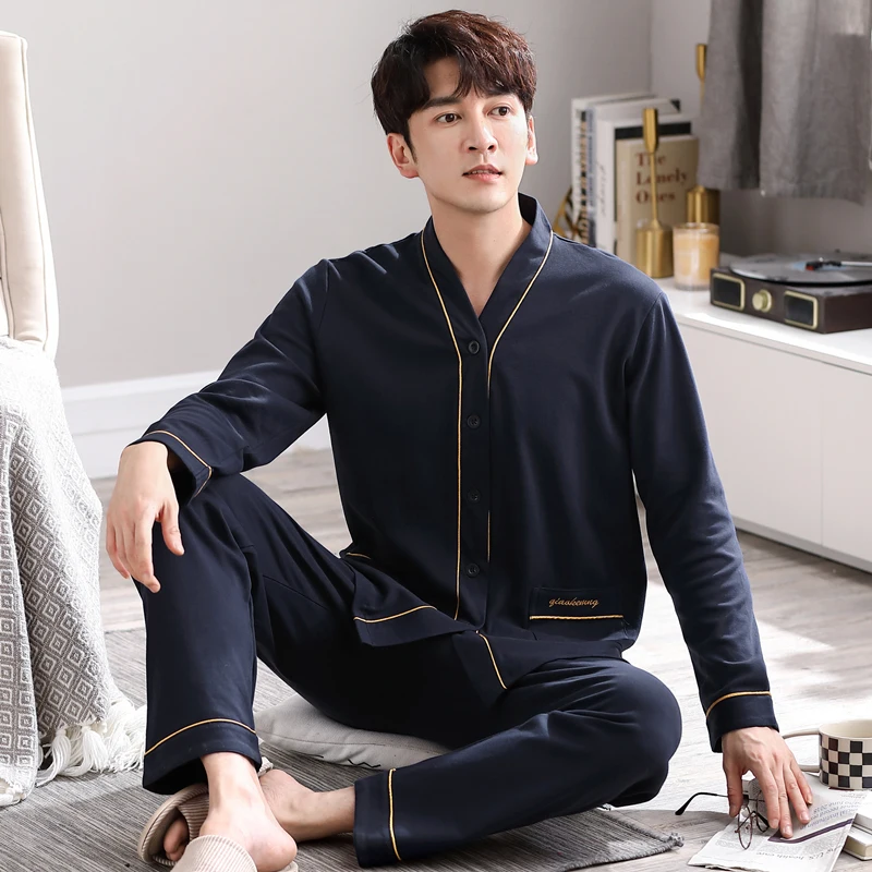 New Men Pajama Set V-Neck Cardigan Kimono Sleepwear For Man Shirt Long Sleeve Pyjama Male Fashion Soft Home Nightwear Loungewear