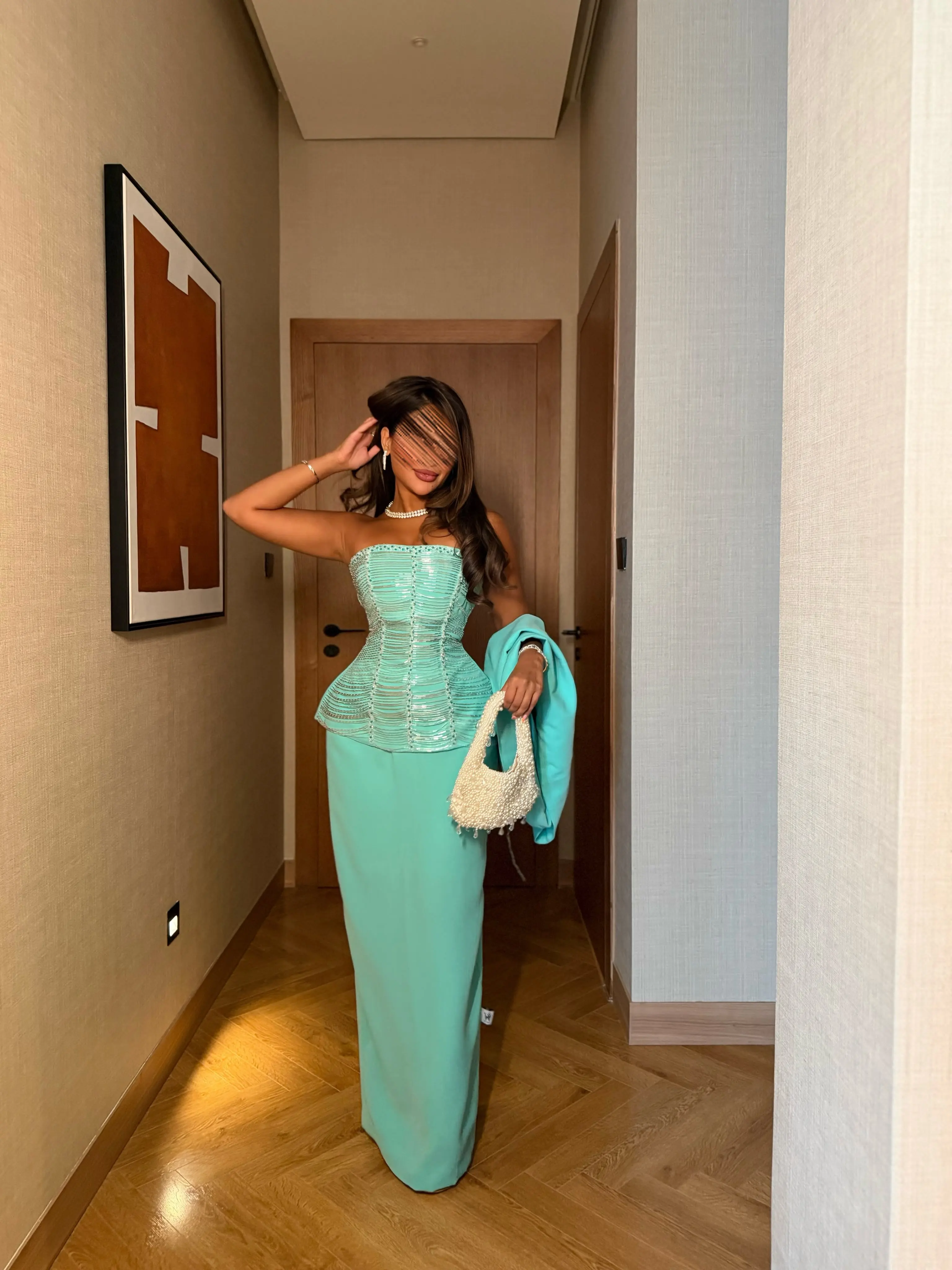 Arabia Mint Green Sheath Strapless with Jacket Evening Dresses Chest Handmade Heavy Beads Floor Length Luxury Prom Party Gowns