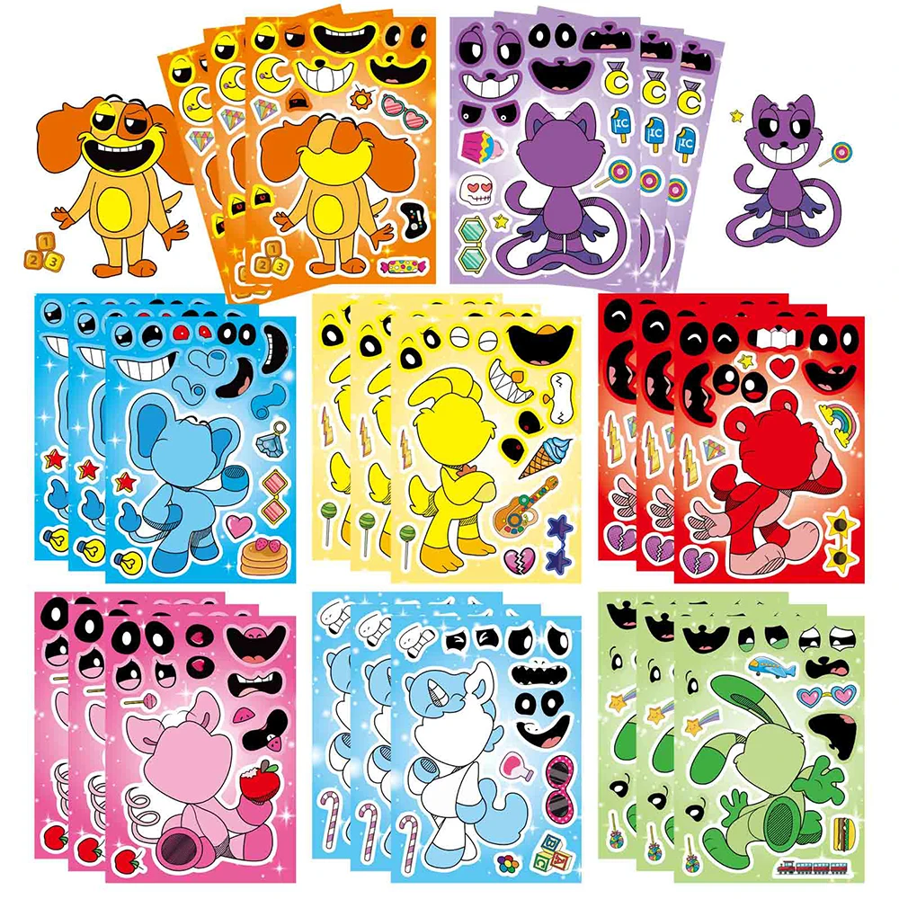 8/16Sheets Children DIY Smilling Critters Make a Face Puzzle Stickers Anime Character Jigsaw Assemble Kids Game Gift Party Favor