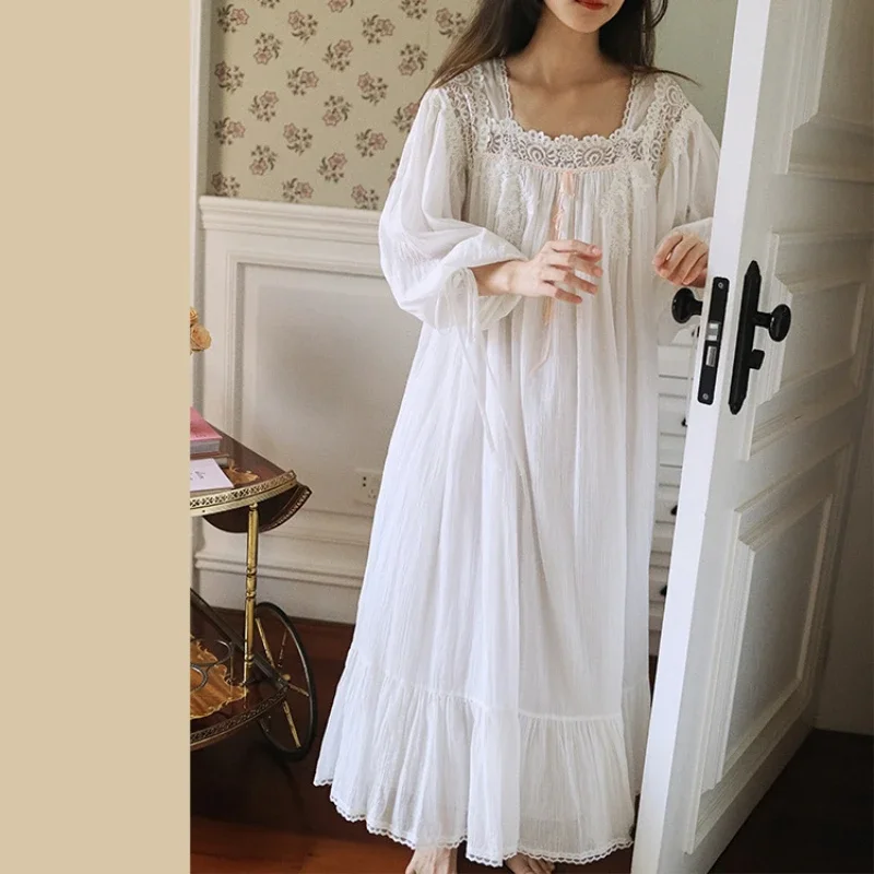 White Fairy Pure Cotton Full Sleeve Nightgown Vintage Victorian Princess Long Sleepwear Sweet Winter Square Collar Nightdress