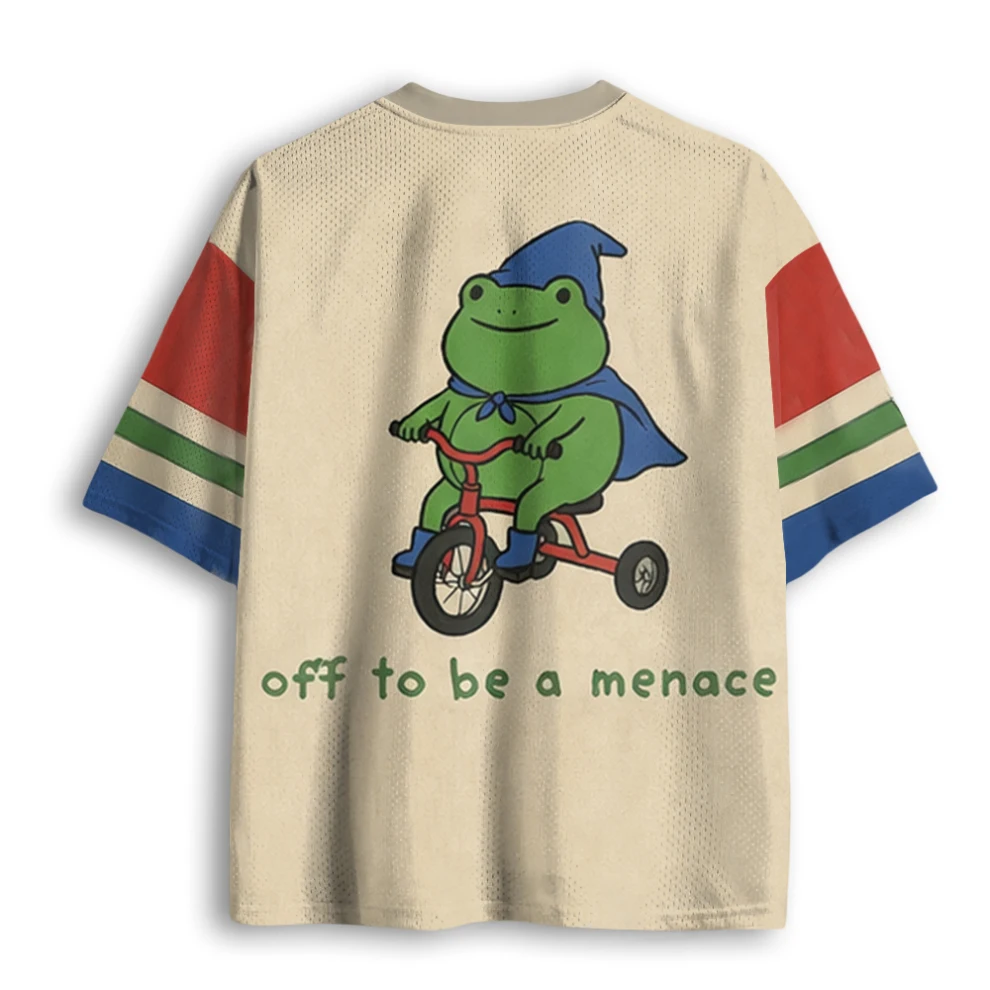 Vintage Cute Wizard Frog On Tricycle Funny Slogan Print Multi Color Block Mesh V Neck Loose Football Jersey T-shirt