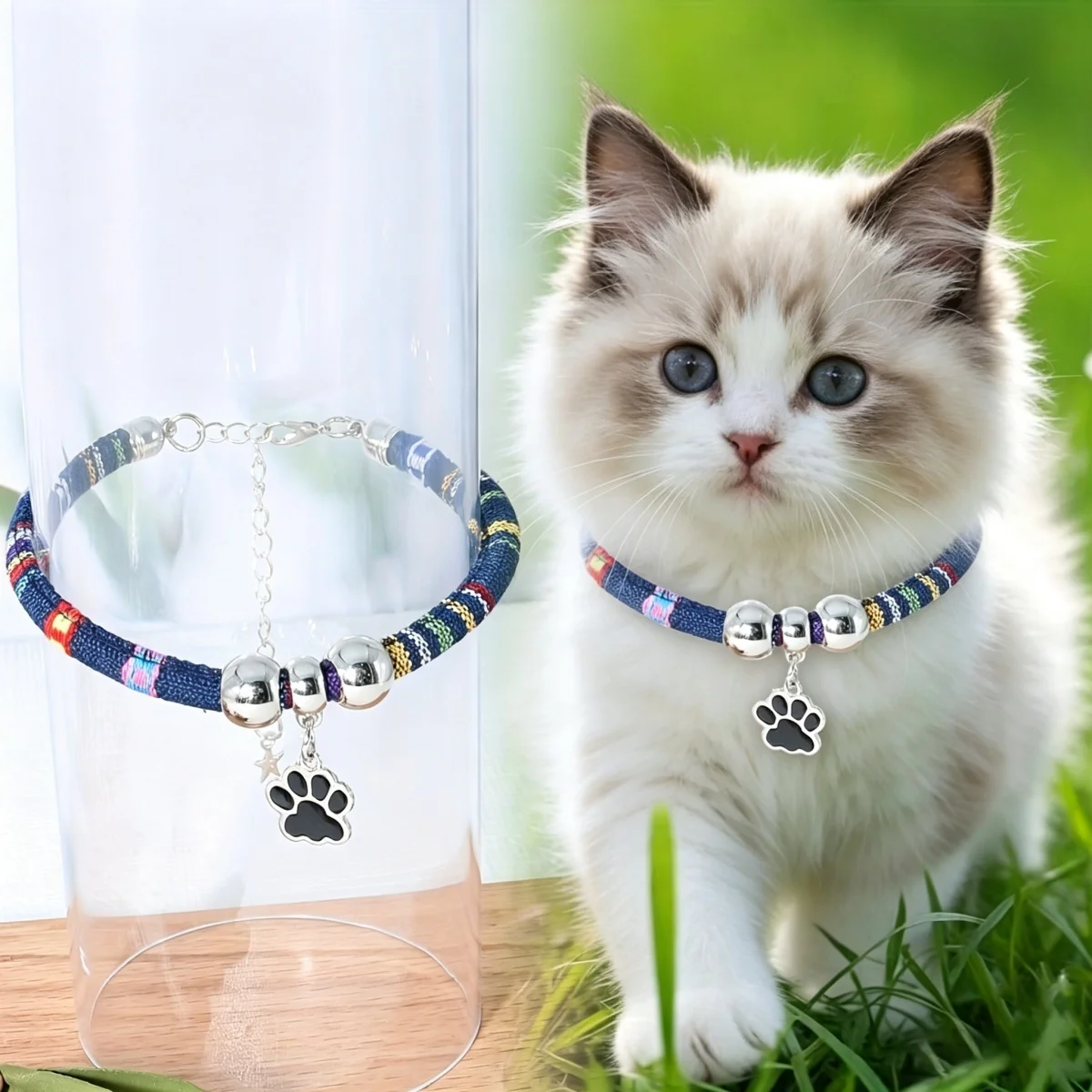 Ethnic Style Adjustable Cat Dog Collar Bell Pet Cat Paw Pendant Neck Ring Holiday Gift Random Color