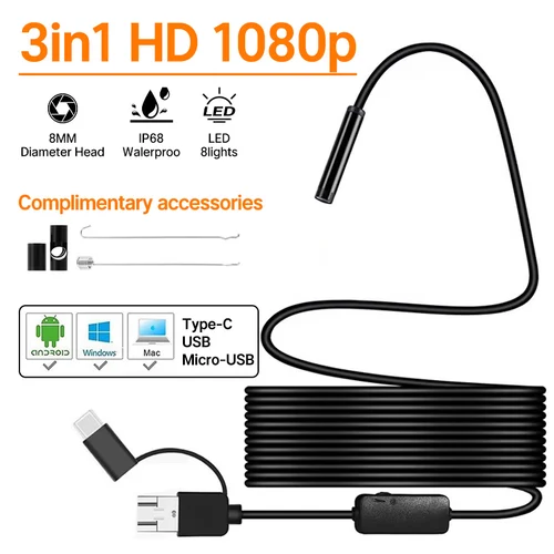 Imagen 1 del producto Nueva Mini cámara endoscópica con cable, lente de 8mm de píxeles de 200w para endoscopio Android tipo C/USB, cámara de inspección de iluminación LED impermeable