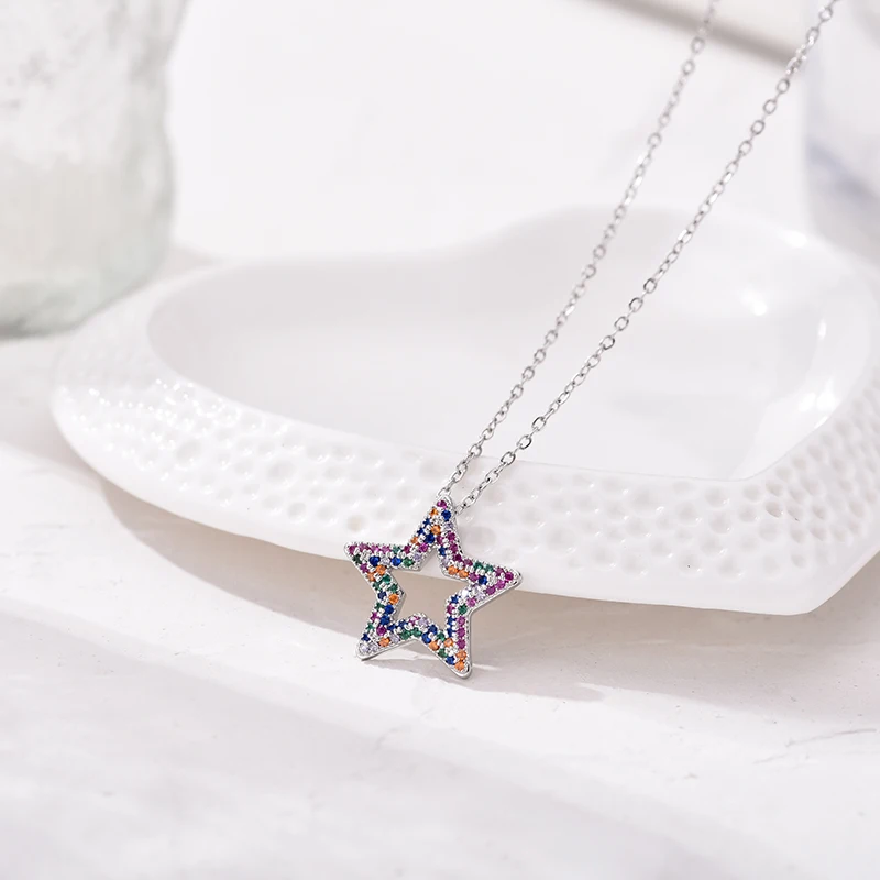 Trendige mehrfarbige Stern-Zirkon-Anhänger-Halskette für Frauen, Edelstahlkette, Vintage-Halskette, weiblicher Alltagsschmuck, Geschenk – Detail 6