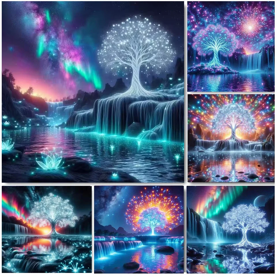 Diy Diamond Painting Magical White Tree Of Life 5D Diamond Mosaic Waterfall Money Tree Aurora Landscape Embroidery Home Decor