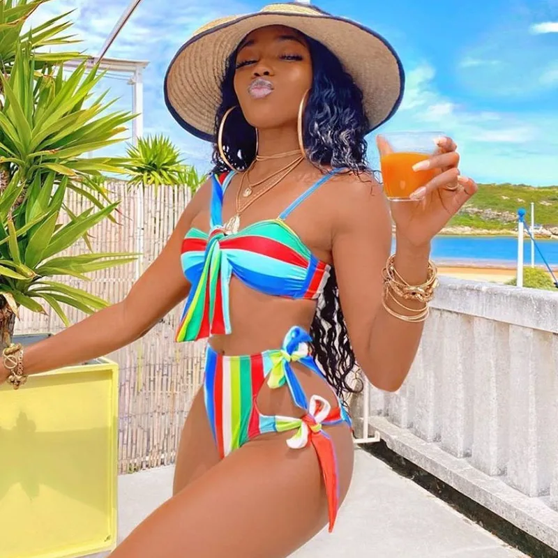 Afrykański styl Bikini wysokiej talii strój kąpielowy kobiet opaska boczna kobieta stroje kąpielowe w paski dwuczęściowy strój kąpielowy Push Up strój kąpielowy