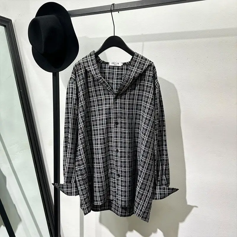 PFNW Autumn Trend Men's Shirts Loose Black Plaid Heat-melting Rhinestone Hooded Shirt Vintage Silhouette Long Sleeve Top 12C1766