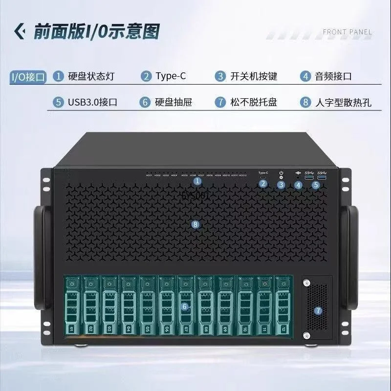 ITX M-ATX ATX 8/12 Bay Modular NAS Chassis，Zinc Alloy & Bakelite Material，Network Storage Server Case