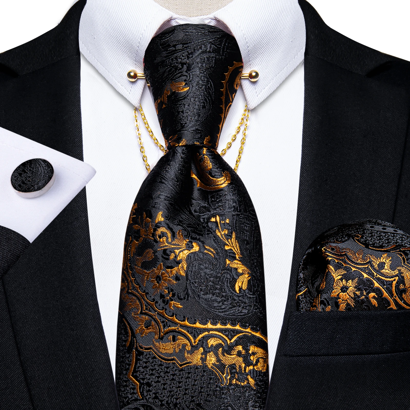 Golden Floral Striped 8cm Necktie Handkerchief Cufflinks Clip Black Wedding Party Ties for Men Gift