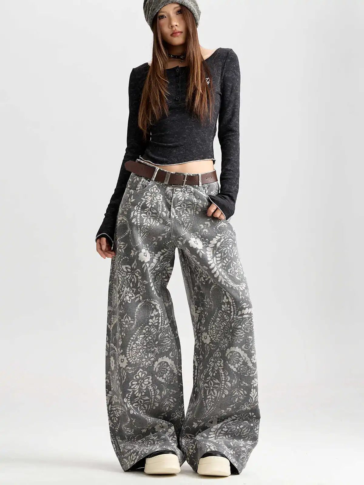 

Women's Baggy Paisley Jean Y2k Japanese 2000s Streetwear Denim Pants American Retro High Street Y2k Long Trousers Harajuku Wide