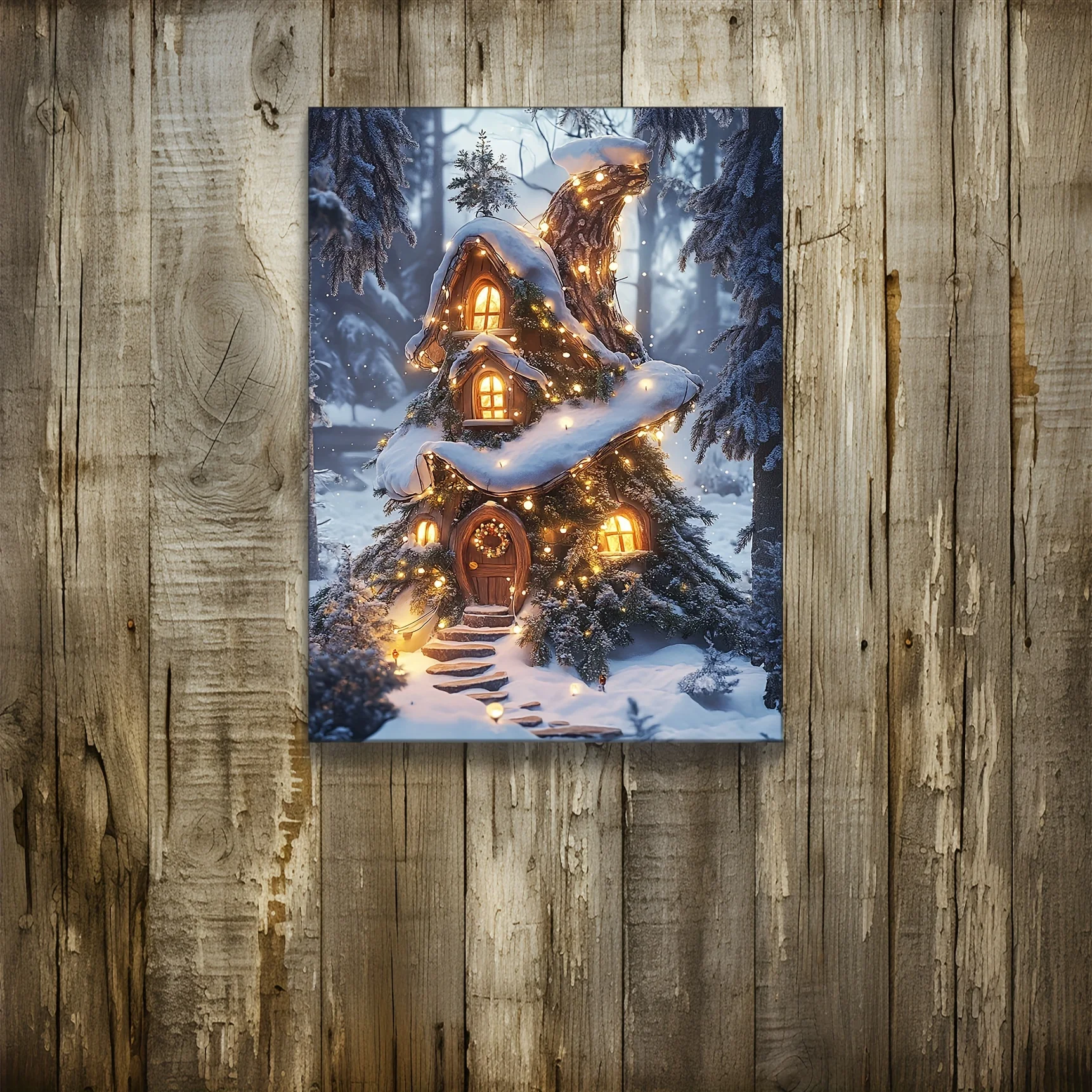 Besneeuwde boomhut landschap canvas muurschildering houten frame voor thuis en op kantoor decor - charmante wintercabine scène woondecoratie