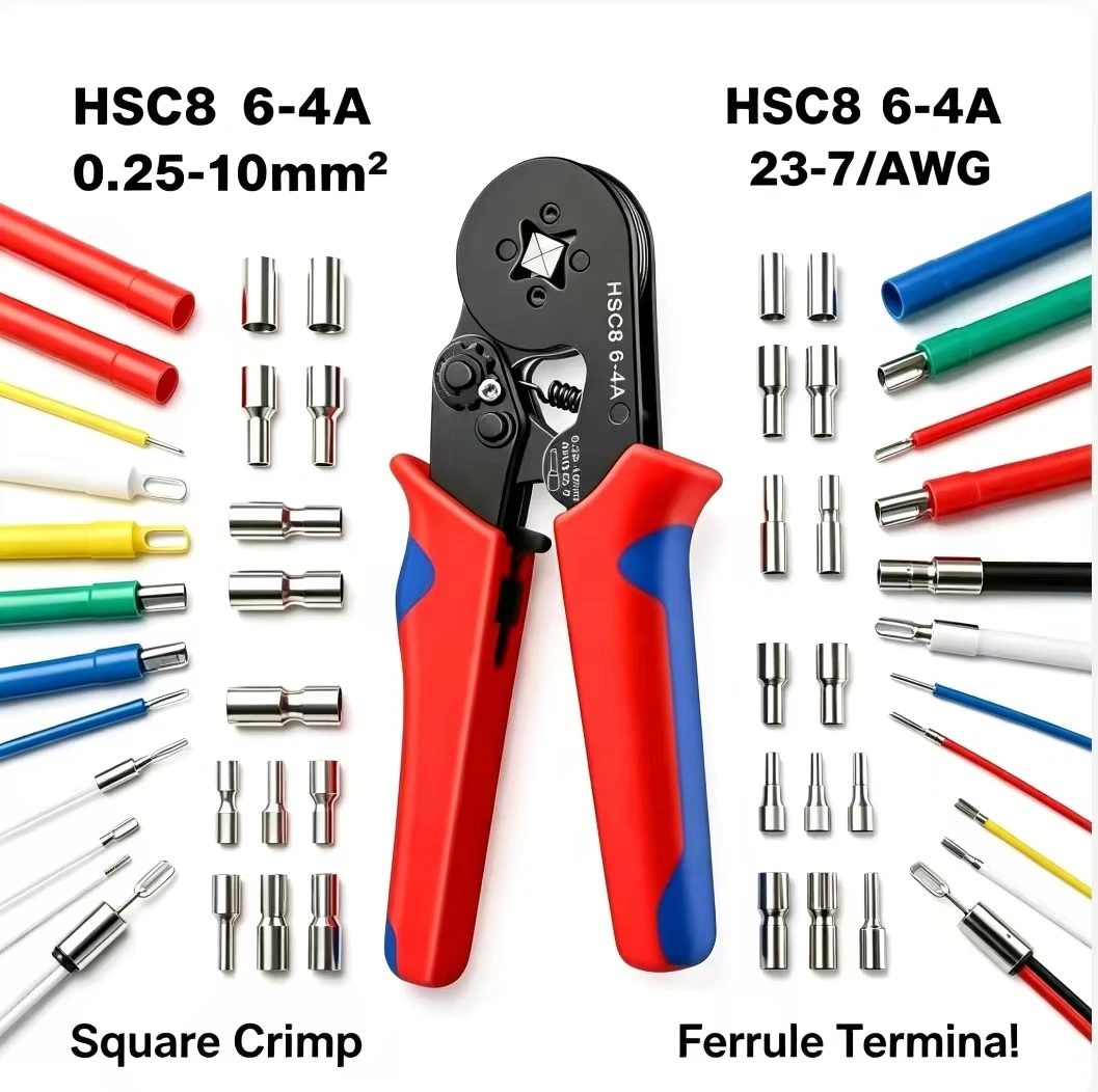 HSC8 6-4A Square Crimp Ferrule Crimper Tool 0.25-10mm² 23-7AWG For Tubular Wire Ferrule Terminals Electrical Wiring Hand Clamp