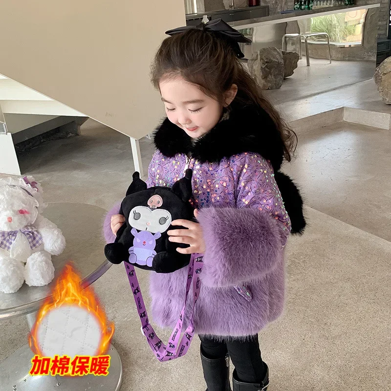 Anime Sanrioed Kuromi Girl Clothes Plush Jacket Fashion Hooded Padded Jacket Autumn Winter Thickened Warmth Fur Coat Outerwear