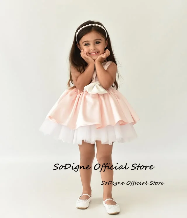 SoDigne A-line Satin Flower Girl Dress Sleeveless O-neck Pearls Short Girls Skirt Party Dresses Kid Gown with Bow Customized