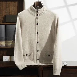 Autumn Winter Thick Coat 100% Cashmere Men's Stand Up Collar Knitted Cardigan Casual Business Long Sleeved Shirt Warm Menswear