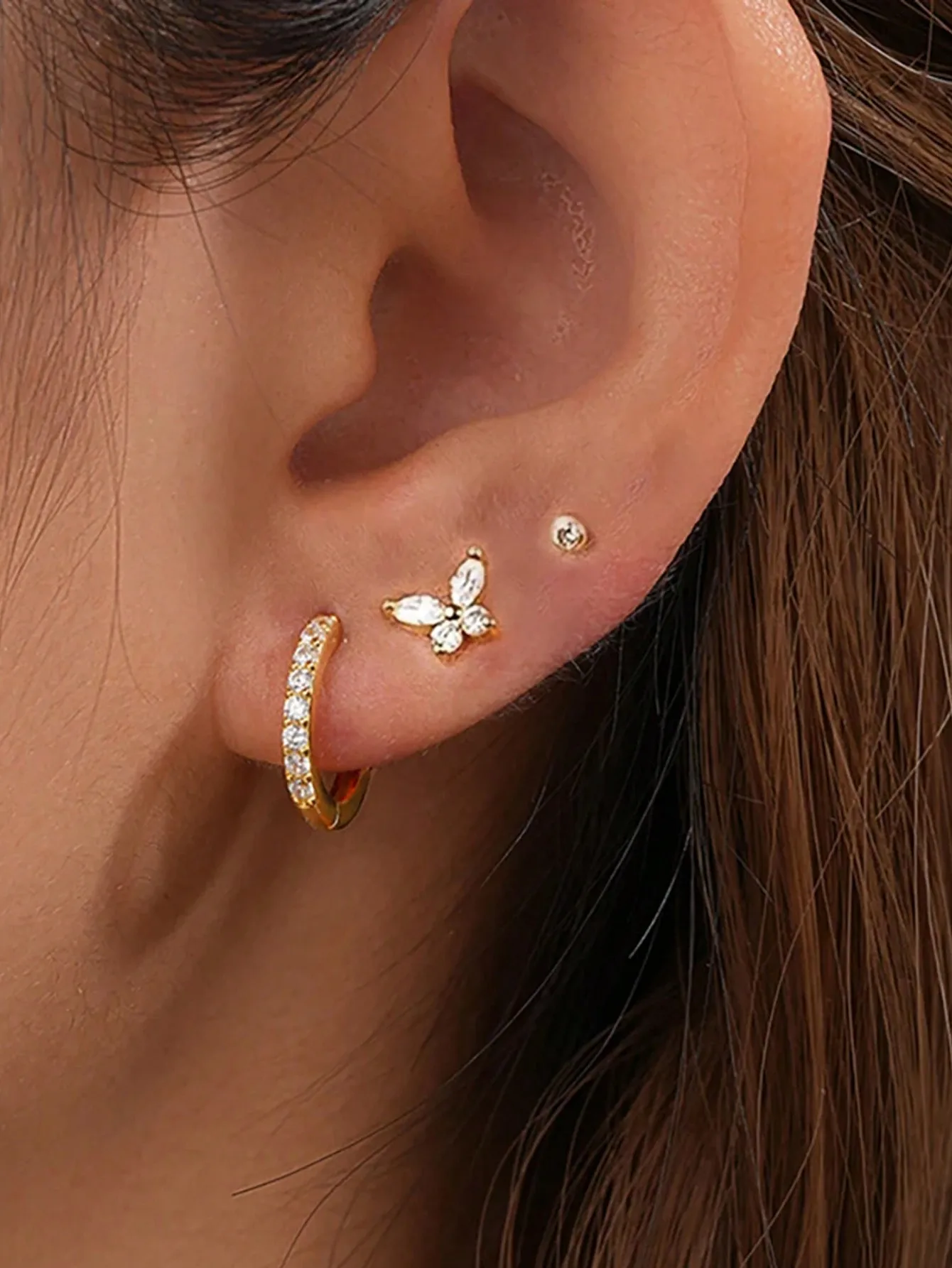 

3pcs Gold Plated Zirconia Flower & Hoop Ear Studs Set, Hypoallergenic Stainless Steel for Daily Wear