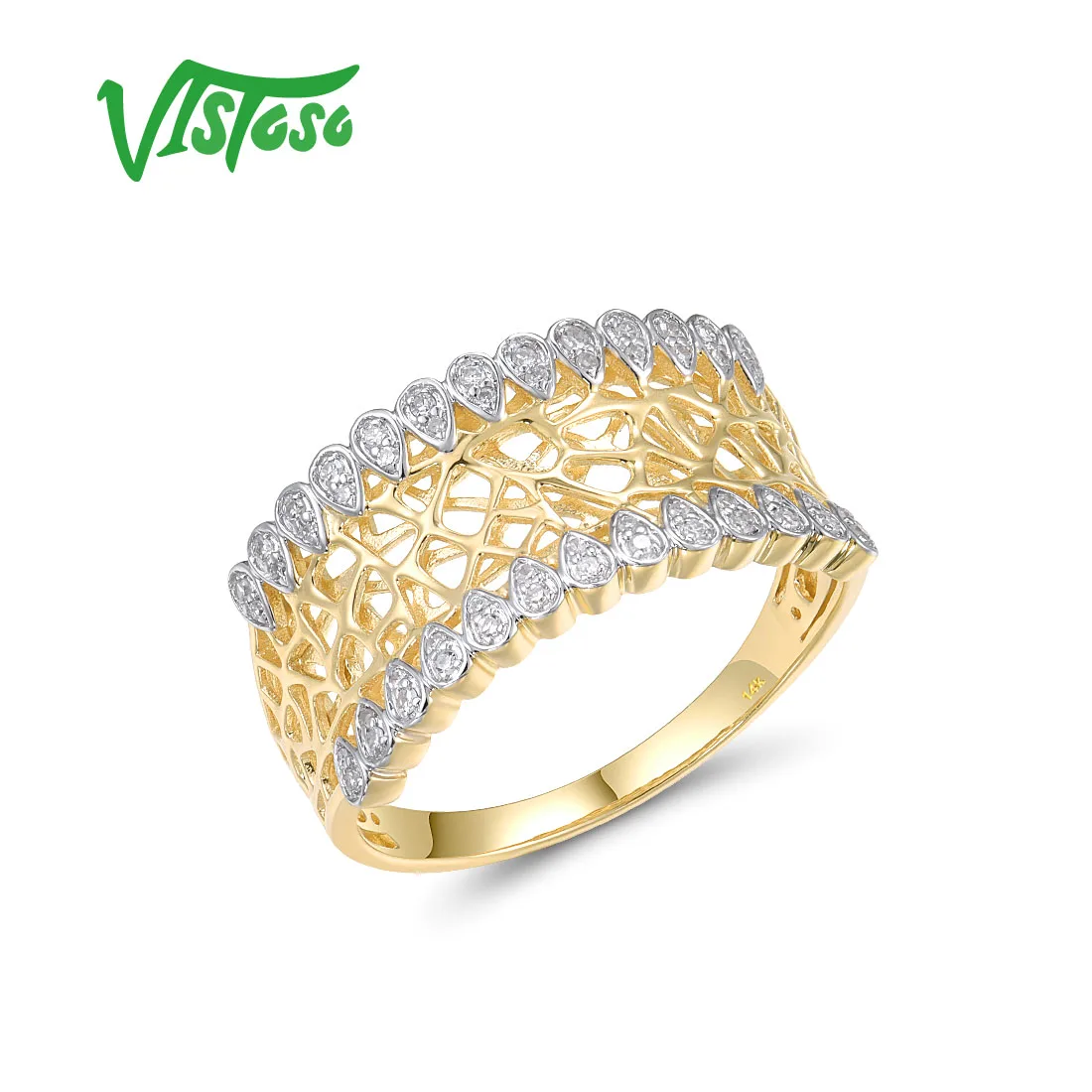 

VISTOSO Genuine 14K 585 Yellow Gold Ring For Women Sparkling Diamond Lace Ring Delicate Engagement Wedding Fashion Fine Jewelry