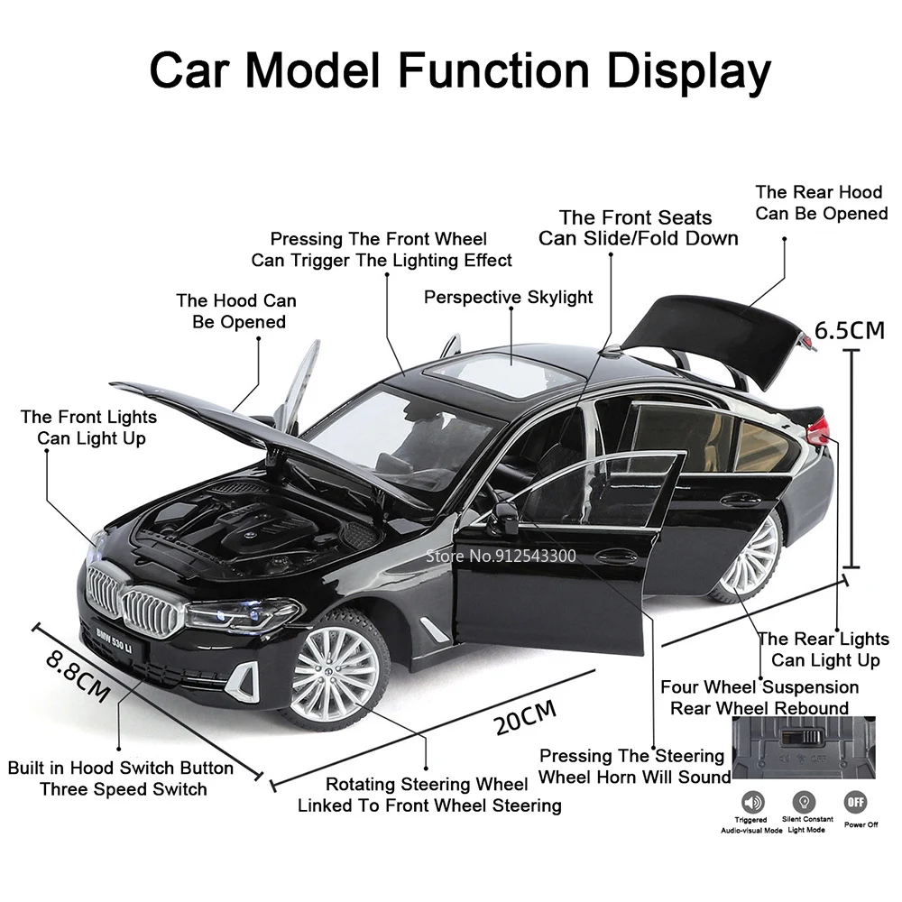 Modelo de coche teledirigido M4, escala 1:24, 530Li, puertas de juguete, sonido abierto, luz, extraíble, vehículos fundidos a presión de Metal, modelos de colección, Juguetes