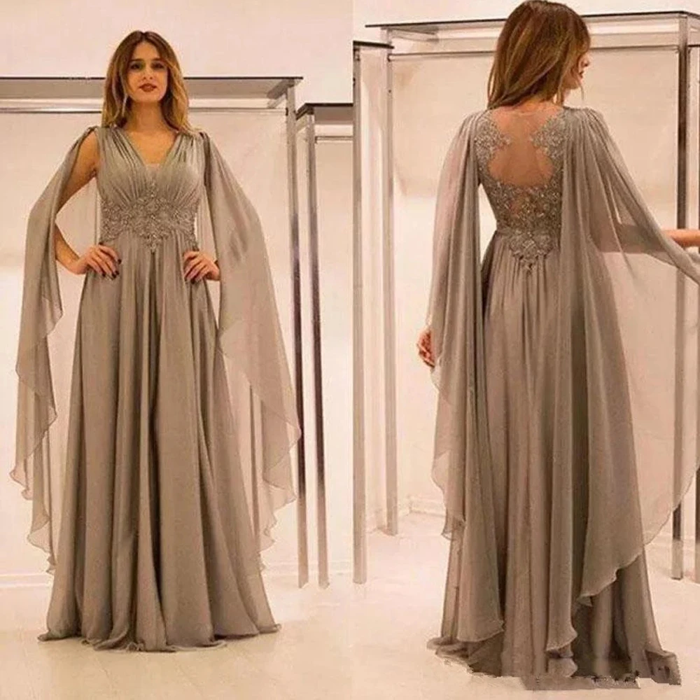 Plus Size 2023 Moeder Van De Bruid Jurken A-Lijn V-Hals Chiffon Appliques Kralen Formele Bruidegom Lang Voor Bruiloft