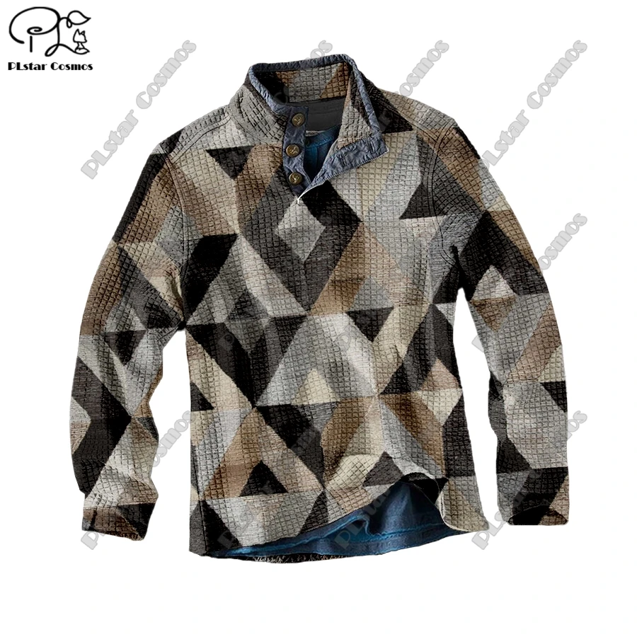 PLstar Cosmos new 3D printing tribal retro pattern series warm stand collar sweater Polo street casual unisex winter Polo L-9