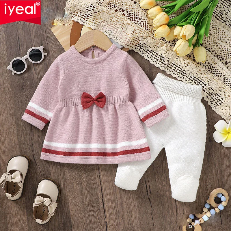 

IYEAL весенне-осеннее милое платье с бантом для маленьких девочек + однотонные леггинсы, комплект из 2 предметов, вязаный комплект для маленьких девочек