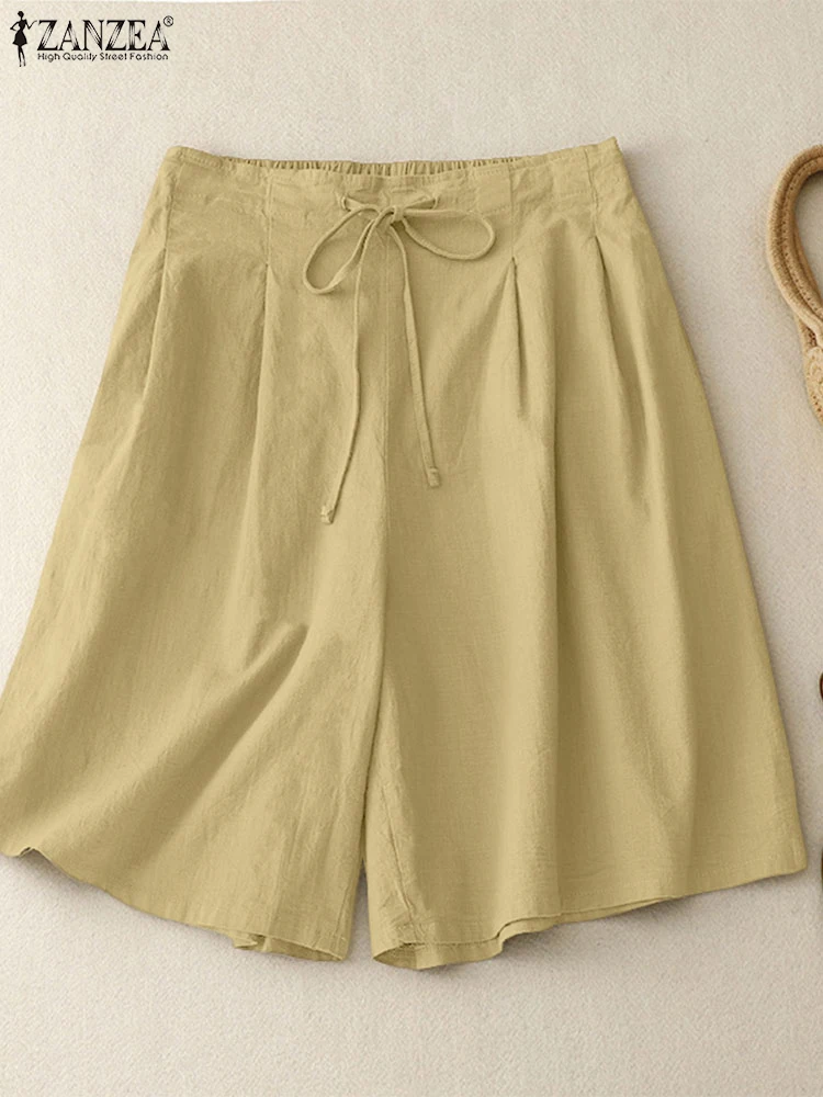 

ZANZEA Women Wide Leg Pants Summer Shorts 2025 Fashion Casual High Waist Pleated Shorts Elastic Waist Solid Short Pantalons