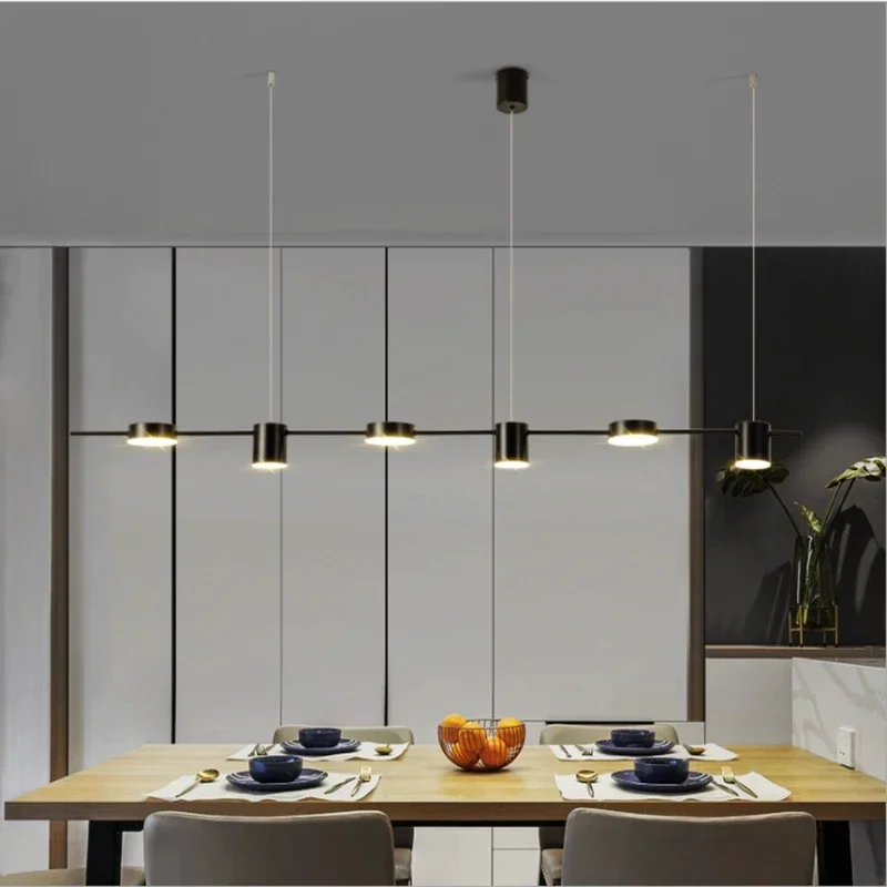 

Modern minimalist restaurant LED golden black chandelier hotel cafe luxury corridor bar copper dining table long strip light