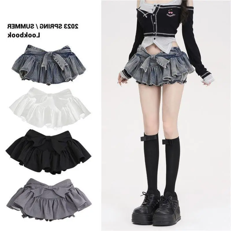 

Sweet Bow Design Denim Skort Vintage Slim Fit Leg Lengthening Versatile Pleated Summer Washed Jeans Skirt