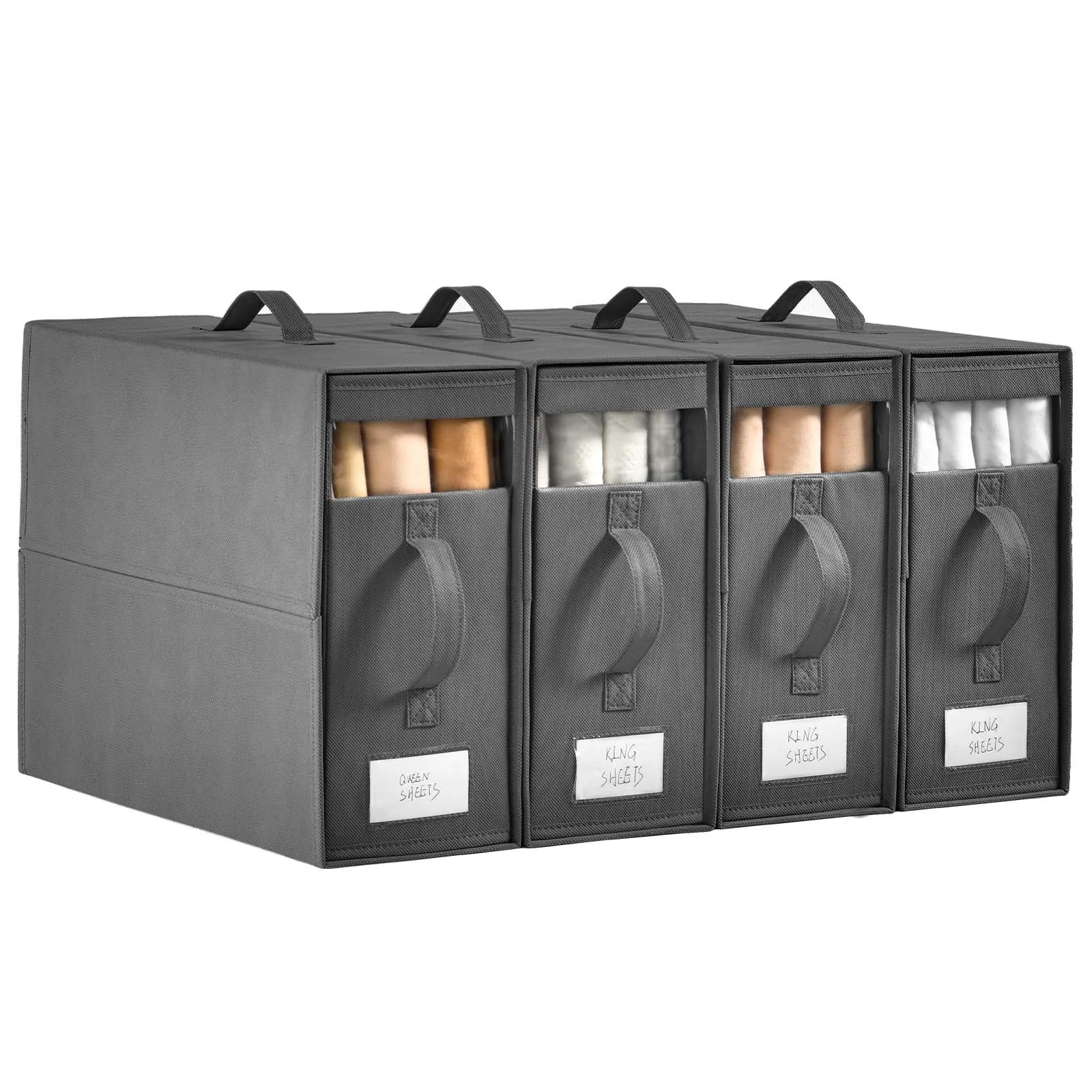 4/8 Bed Sheet Organizer Box, Foldable and Stackable Linen Bed Sheet Storage Box, Bed Sheet Storage Organizer with Label, Visual