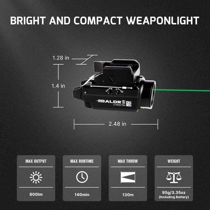 Baldr S 800 Lumens ضوء سلاح مدمج مع شعاع أخضر ومجموعة LED بيضاء، تكتيكية مغناطيسية قابلة لإعادة الشحن عبر USB
