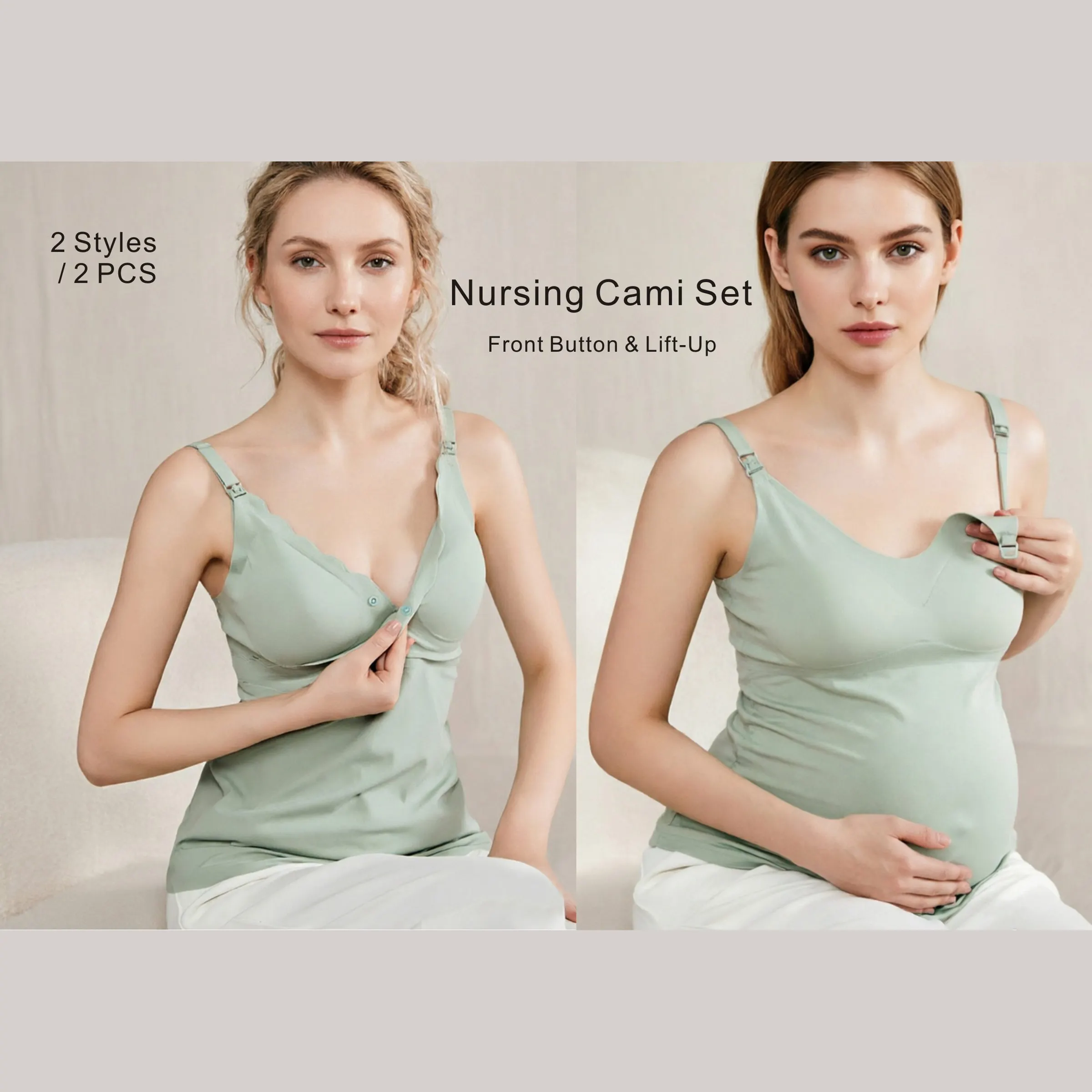 Maternity Nursing Cami Top 2Pcs Set, Breastfeeding Camisole, Pregnant Women Sleeveless Tank Top for Pregnancy Postpartum