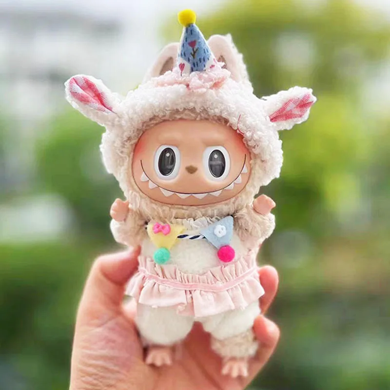 Roupas de Boneca de Pelúcia com Chapéu para Bonecas Labubu Idol, Outfit Kawaii Exo Coreano Kpop, Roupas Hoodie, Bolo Bonito, 17cm