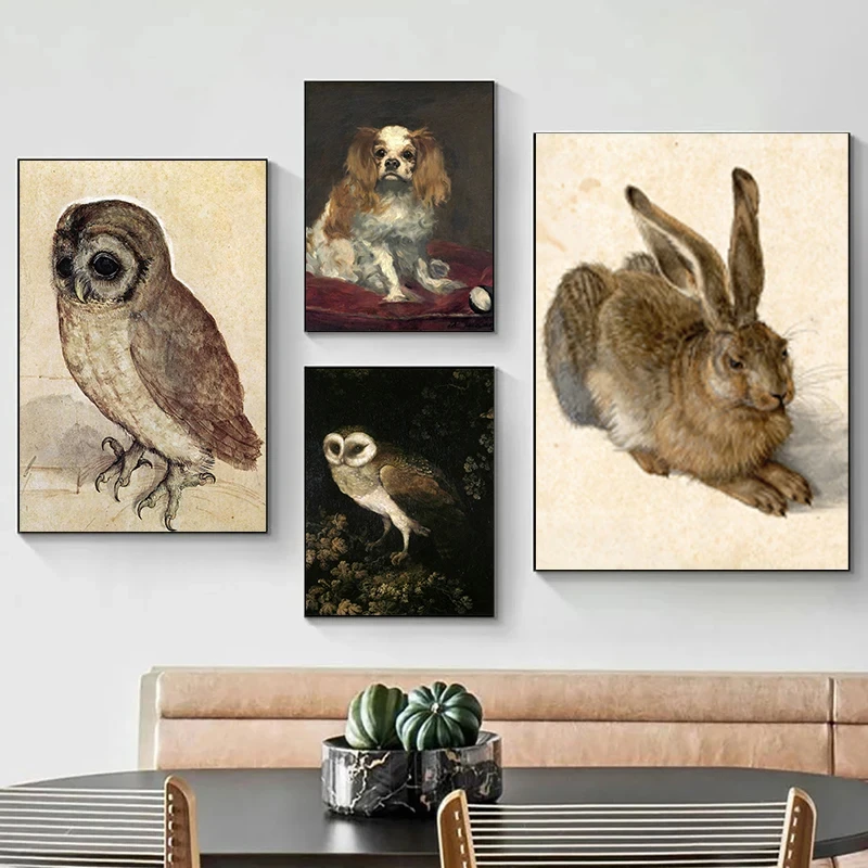 Vintage Animal Goldfinch Owl Spaniel Rabbit Posters and Prints Canvas Printing Wall Art Picture for Living Room Home Decorati