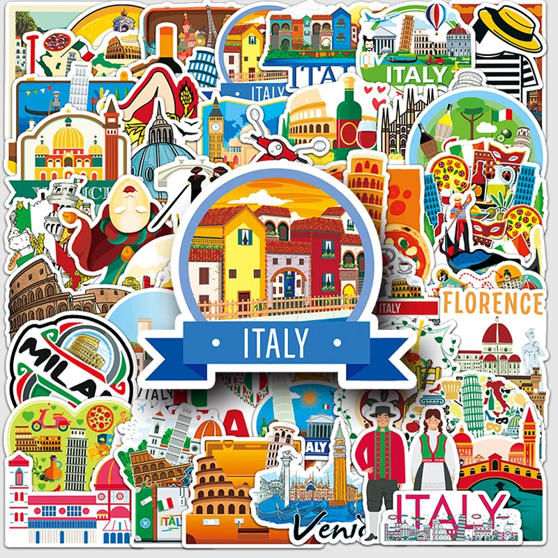 10/50pcs Italian Cartoon Outdoor Stickers Travel Italy Landscape Tourist Landmark Buildings Waterproof Decor DIY Luggage Sticker