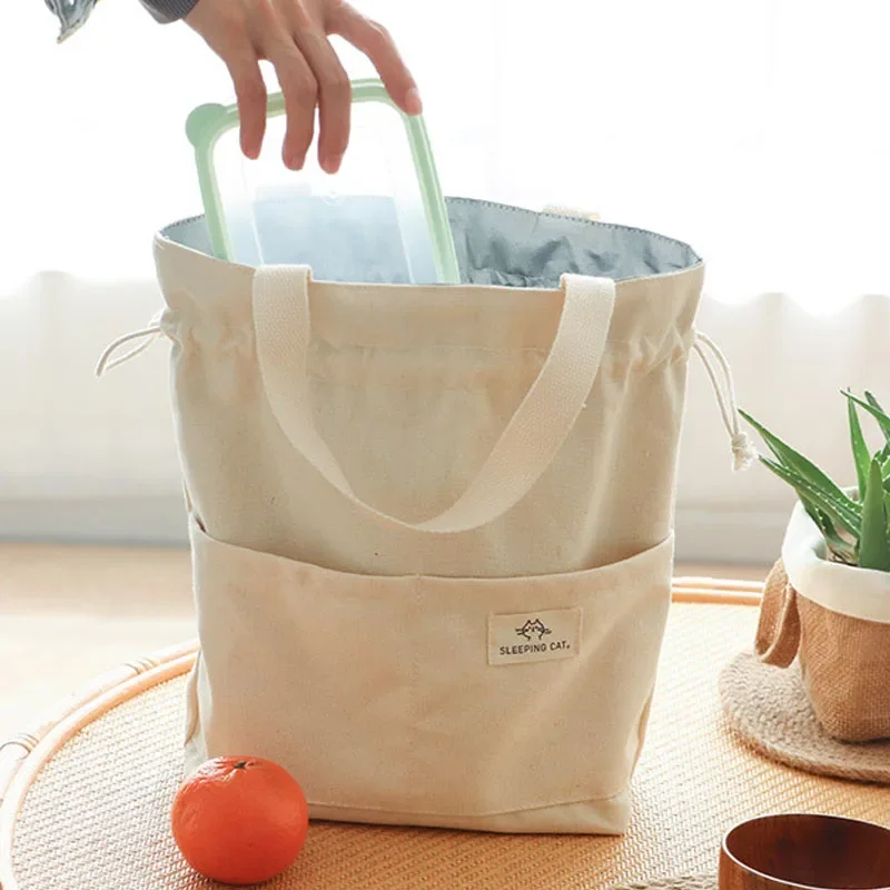 Drawstring Canvas Insulated Lunch Bag Thicken Aluminium Foil Thermal Bento Box Tote Cooler Handbags Picnic Food Dinner Container