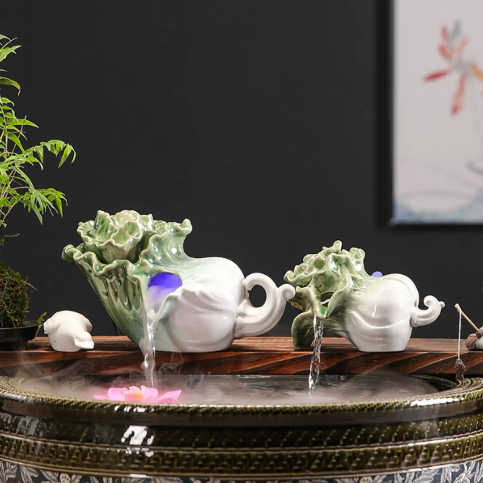 

Pond Fountain Spout Oxygenation Ceramic Waterfall Jar Ceramic Water Fountain Filtration Garden Decor DIY Landscape for Courtyard