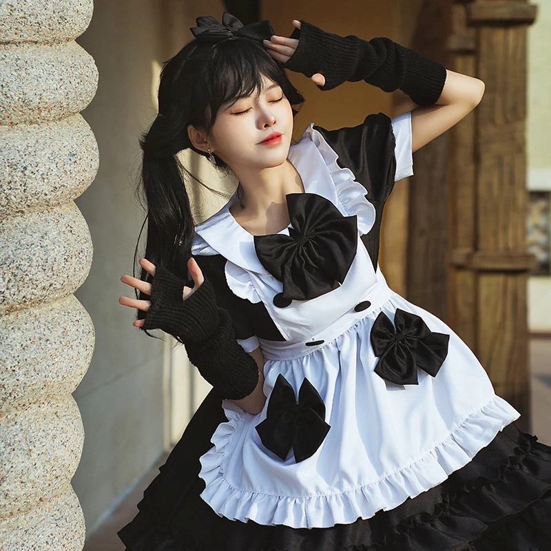 Girls Black And White Lolita Maid Dress Woman Men Maid Uniforms Short Sleeve Casual Dress Maid Outfits Cosplay Maiddress Bow XXL