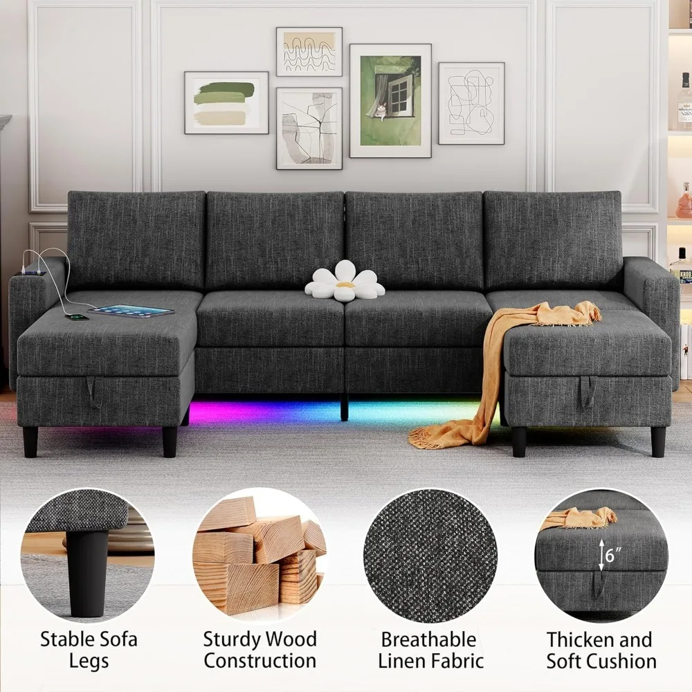 Sectional Couches, Reversible Chaise Lounge/Storage Ottoman, Smart Module-Wireless Charging/USB/Type-C/RGB Light, U Shaped Couch