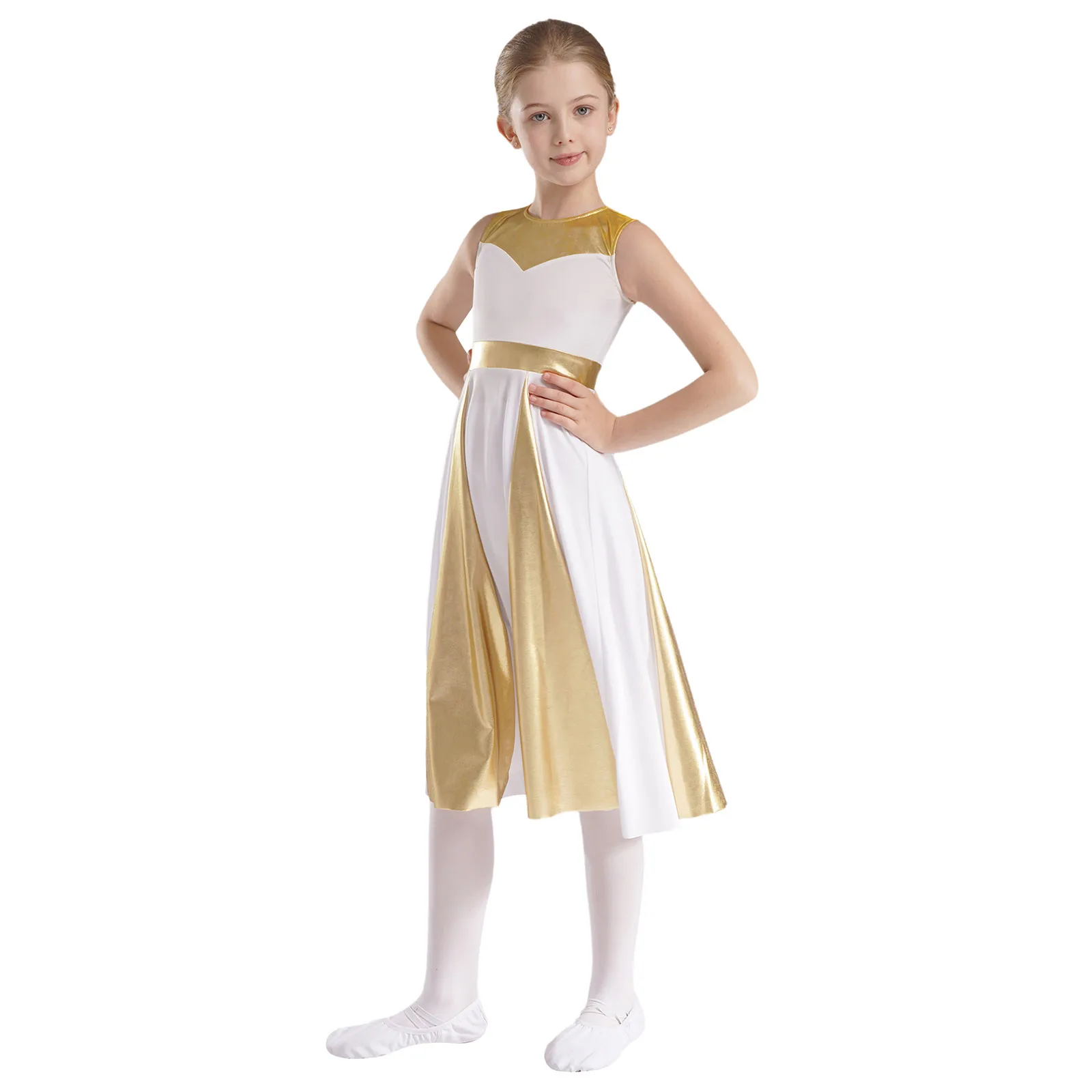 Kids Girls Metallic Praise Dance Dress Color Block Sleeveless Liturgical Dancing Dresses Children Church Worship Costume Robe